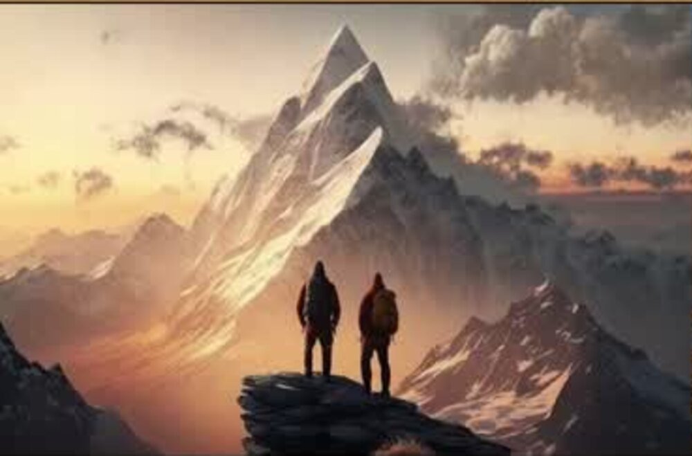 Hikers looking toward a mountain peak