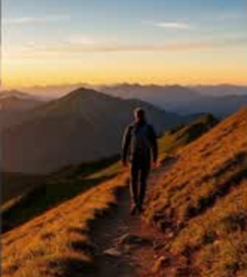 Hiker walking a ridgeline at sunset