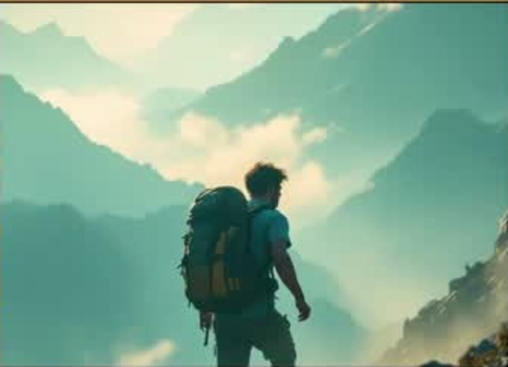Backpacker in a mountain valley